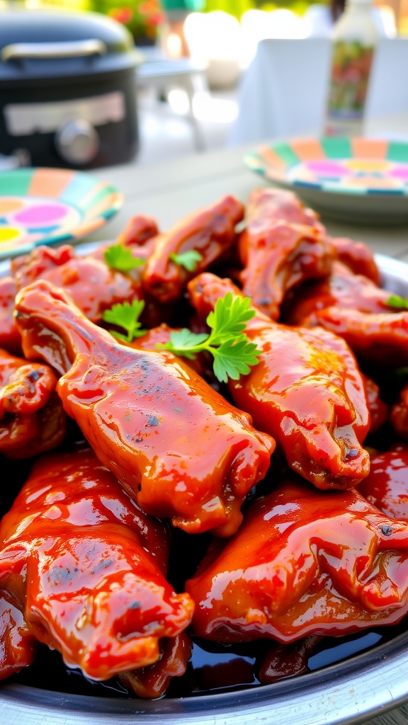A delicious tray of barbecue chicken wings, garnished with parsley, ready for serving at a summer barbecue.